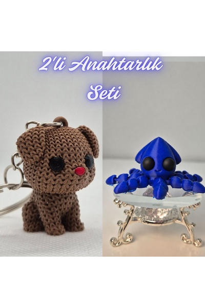 3DAtölyeMaker Dark Brown Knitted Patterned Dog and Blue Squid Keychain