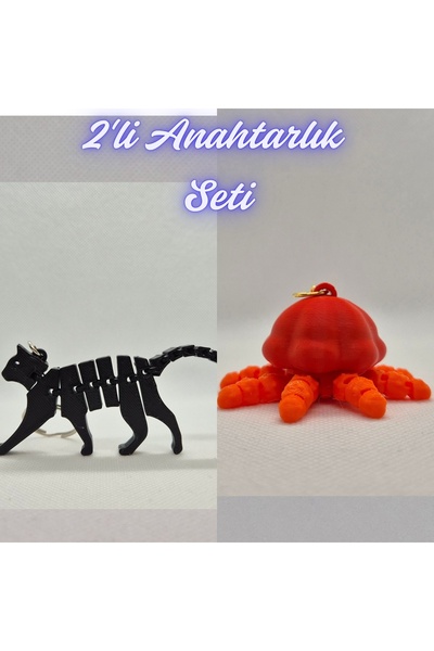 3DAtölyeMaker Black Flexible Cat and Orange Moving Jellyfish Keychain