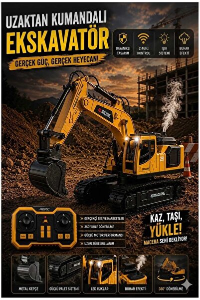 Aksoy Toys Uzaktan Kumandalı Buharlı Işıklı Sesli Metal Paletli Excavator