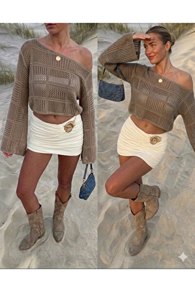 moda mh Summer Knitwear Perforated Openwork Spanish Sleeves Wide Collar Crop ...