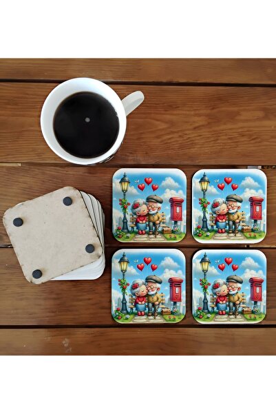 Ghostbastır Elderly Lovers Decorative Wooden Coaster Set 028
