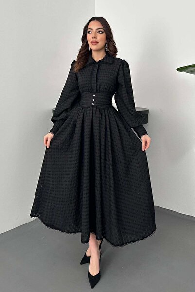 Generic Brand Black Brode Belted Fisto Dress