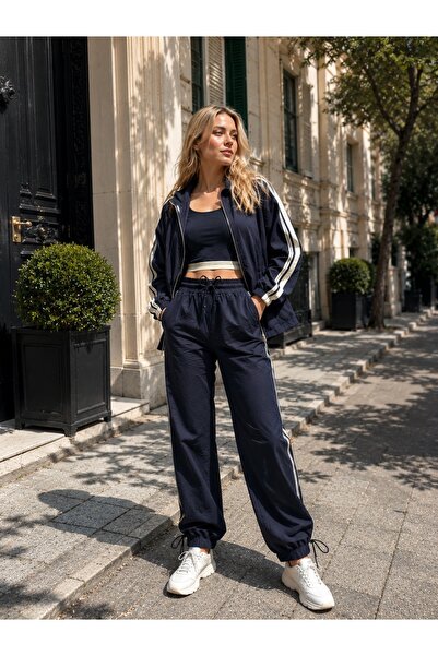 MERİDE Women's Navy Blue Sports Set – Stripe Detailed Crop Top, Oversized Jac...