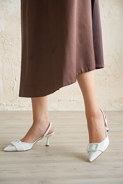 MODAADAM Women's Troy Buckle Detail Thin Heeled Shoes - White-Patent Leather