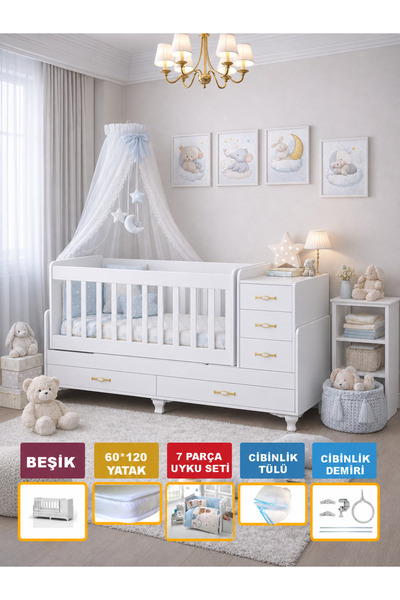 Bygolden Full Set - 5 Çekmeceli Bebek Beşiği Seti (beşik+yatak+uyku Seti+cibi...