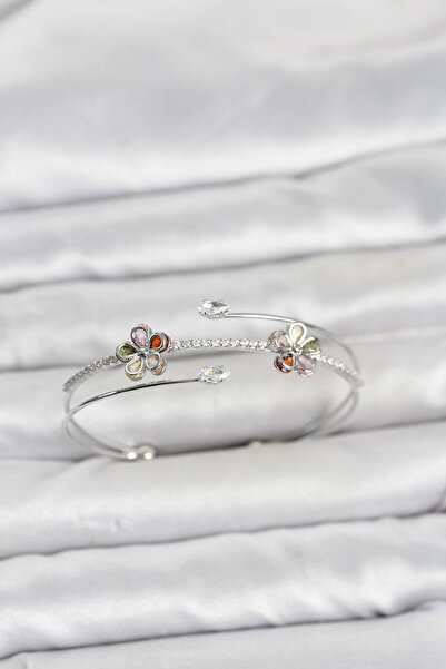 Clariss Silver Color Brass Zircon Stone Flower Model Women's Bracelet
