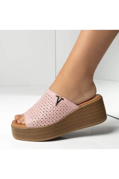 Modlet.ro Papuci de damă roz din piele naturală perforați cu platformă MOD14312