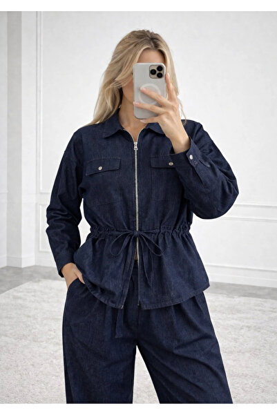 Ekim Store Navy Blue Belted Tie-Waist Jacket and Trousers Denim Suit