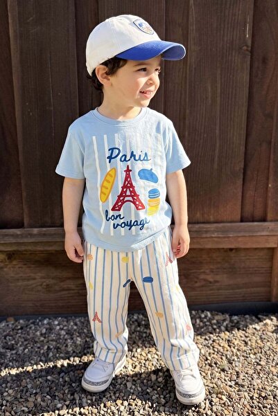 Monila Erkek Çocuk Pamuklu Mavi Paris Baskılı T-Shirt ve Çizgili Pantolon Alt...