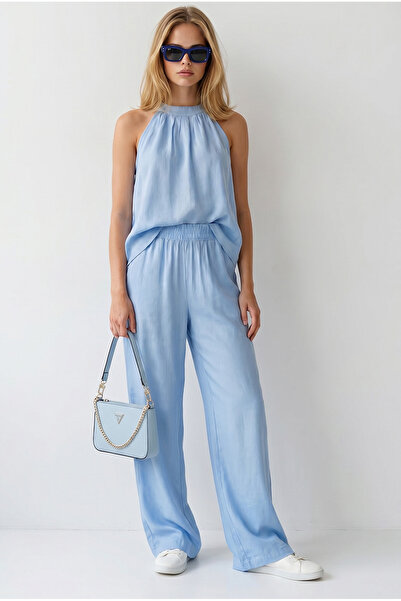 Olalook Women's Baby Blue Halter Neck Blouse with Pockets and Pants Set Tkm-1...
