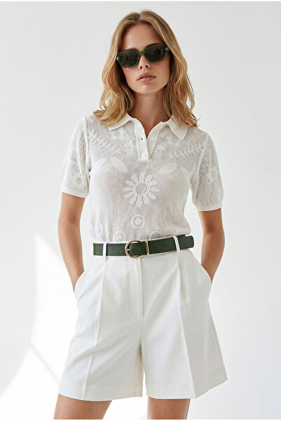 Olalook Women's White Polo Collar Floral Patterned Openwork Knitwear Blouse B...
