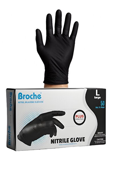 Broche Ultra Extra Kalın Siyah Nitril Muayene Eldiveni Pudrasız 50'li Paket -...
