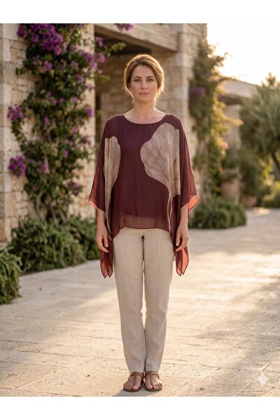 Punta Otantik Nc16881 Italian Seashell Patterned Silk Blouse Burgundy