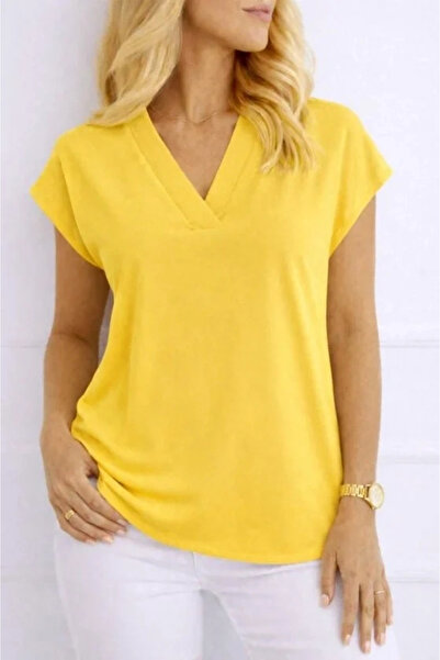 USLUCAN ALIŞVERİŞ Women's V-Neck Short Sleeve Woven Viscose Fabric Blouse