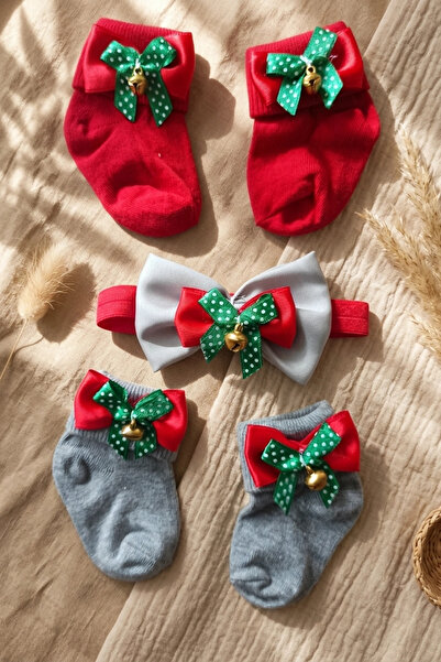 Babydonat Merry Bells 3-Piece New Year's Baby Set - Red and Gray Bowknot Ratt...