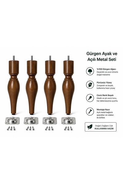TURKISHRUG KINGDOM 4'lü Gürgen Ahşap Boğumlu Ayak 30 cm Gürgen Koltuk Ayağı T...