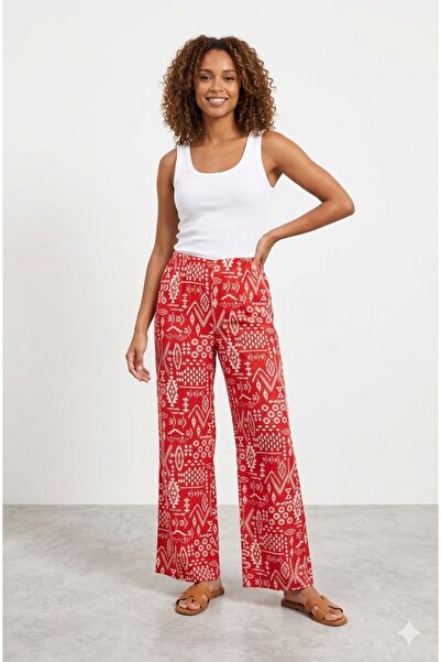 520CK Women's Ethnic Patterned High Waist Wide Leg Summer Trousers