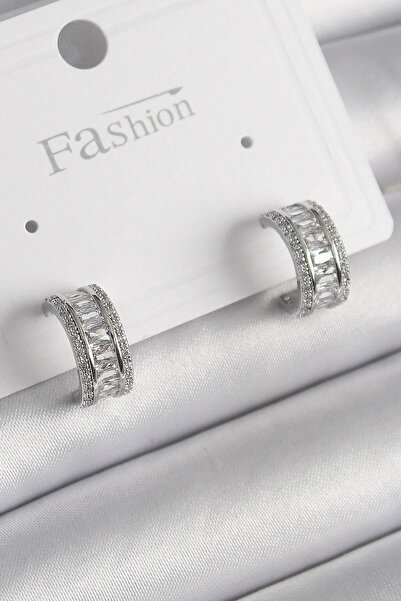 USLUCAN ALIŞVERİŞ Brass Silver Color Zircon Stone Hoop Model Women's Earrings