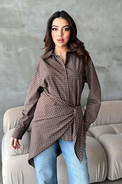 Maxi modena Brown Oversized Shirt with Shawl Detail