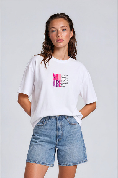 RunGear Up You Are Enough Desen Nakışlı Kadın Tişört %100 Pamuk Oversize Kalı...