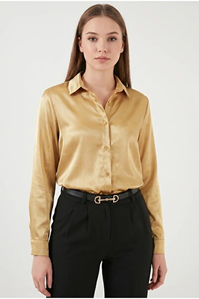 hazelin Women's Gold Lightly Draped Satin Surface Shirt Hzl22W-Bd139641