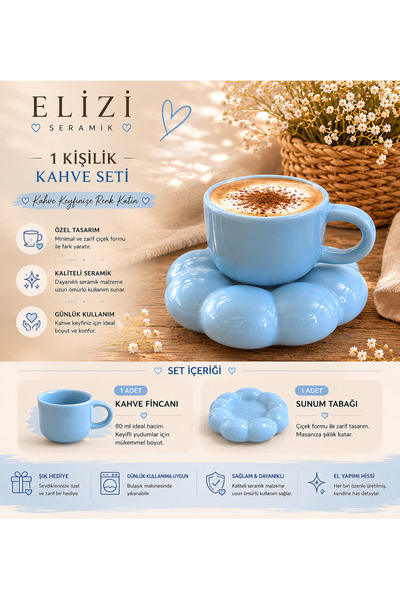 REAY HOME 1 Person (2 Pieces) Handmade Ceramic Blue Daisy Model Turkish Coffe...