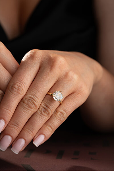 Silvano Jewelry 925 Ayar Gümüş Sarı Yuvarlak Taşlı Yüzük