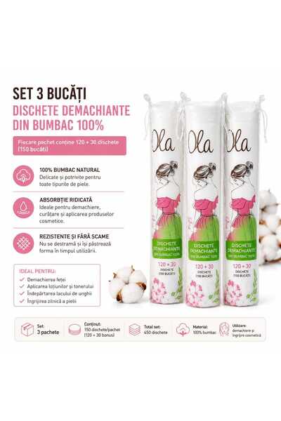 OLA Set of 3 x 100% Cotton Cleansing Pads | 150 Pieces/Pack (120+30 Bonus) | ...