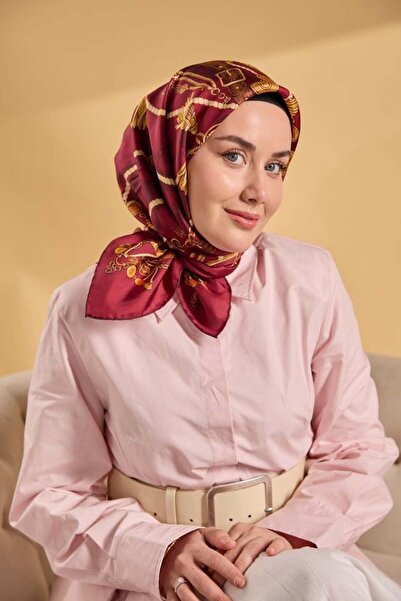 Silk Home وشاح تيفيل الحريري 11530 - 12 أحمر داكن - نمط حزام ذهبي