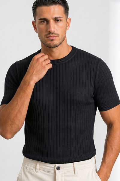 Black Knitwear Men's T-shirt Ribbed Crew Neck Short Sleeve