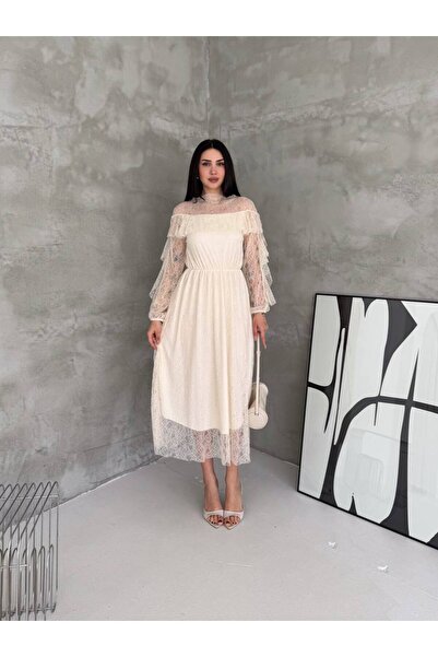 BLUSS Women's Ruffle Sleeve Detailed Transparent Lace Midi Length Evening Dress