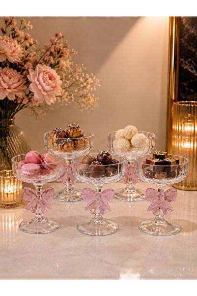 morponi 6-Piece Pink Bowknot Glass Footed Dessert Bowl Set, Ice Cream Bowl an...