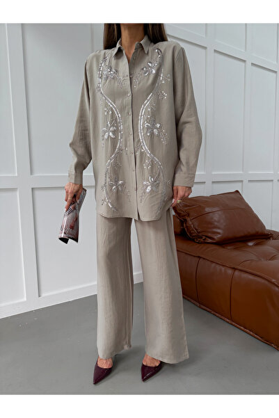 MİA NOURA Women's Shirt with Stone Embroidery on Shoulders and Sleeves, Stand...