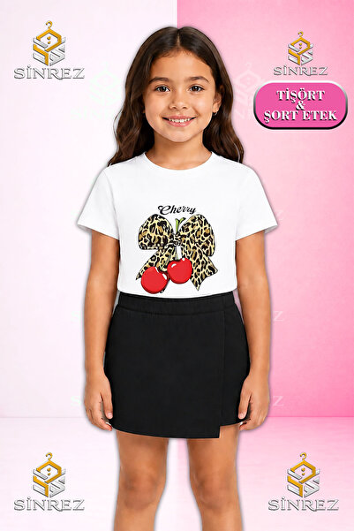 SİNREZ Set pentru fete CHERY LEOPARD KURDALE CHERRY YAZI Tricou cu mânecă scu...