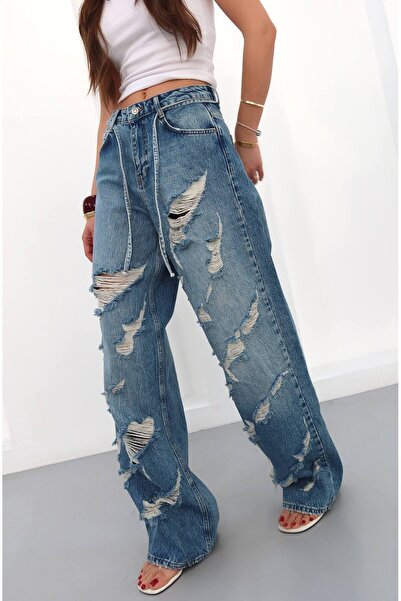 DENİKK Pantaloni din denim largi, cu design special și detaliu cu ciucuri, cr...