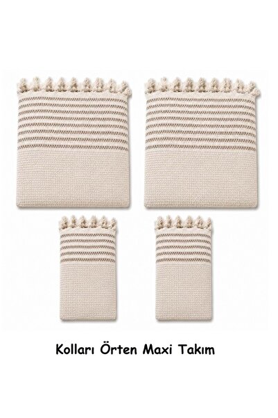Mandaş Cream Brown - Cotton Non-Slip Wicker Woven Armrest Covering Maxi Set S...