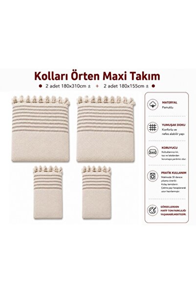 Mandaş Kreme Kahve - Pamuklu Kaymaz Hasır Dokuma Kolları Örten Maxi Takım Koltuk Örtüsü (3+3+1+1)