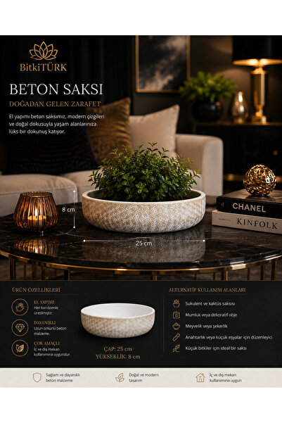 BitkiTÜRK 🌿 El Yapımı Beton Dekoratif Kase Saksı – 25 Cm Premium Tasarım | Ç...