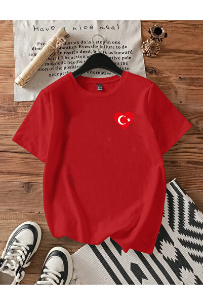 SUNFREE Heart Turkish Flag Printed Oversize Basic Short Sleeve Unisex Tshirt