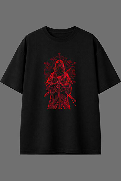 VSRN Red Striped Anime Design Pre-Printed Black Oversize T-Shirt