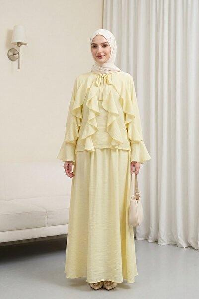 Modamorfo Lined Tulle Modal Set with Tie Collar and Ruffle Detail - Light Yellow