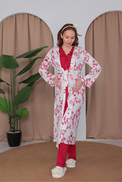 Yulem Homewear طقم بيجامة للحوامل من القطن بتصميم دانتيل الكرزي مكون من 3 قطع
