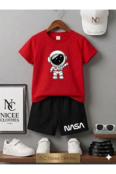 NC Nicee Clothes Summer Children's T-Shirt Shorts Unisex (Astronaut Nasa Print)