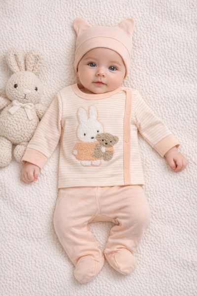 Pure Boutique Set bebelus 3 piese bumbac cu iepuras bluza pantaloni caciula p...
