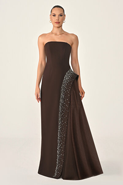 ALFABETA Stone Detailed Crepe Tulle Strapless Long Dress - Alfabetta