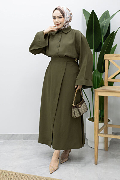 Tesettür Dünyası Skirt with Brooch Detail Double Suit Set Tsd260233 Khaki