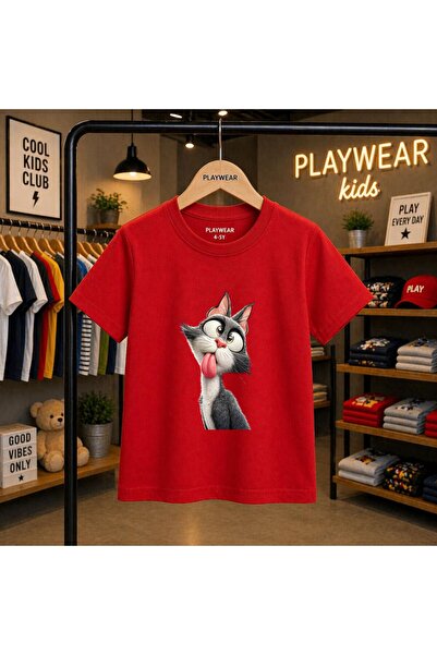 playwear Cat with Tongue Out Printed 100% Children's Unisex T-Shirt 5 6 -7 8-...