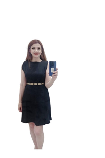 ZY BUTİK Black Sleeveless A-Line Short Dress with Belt