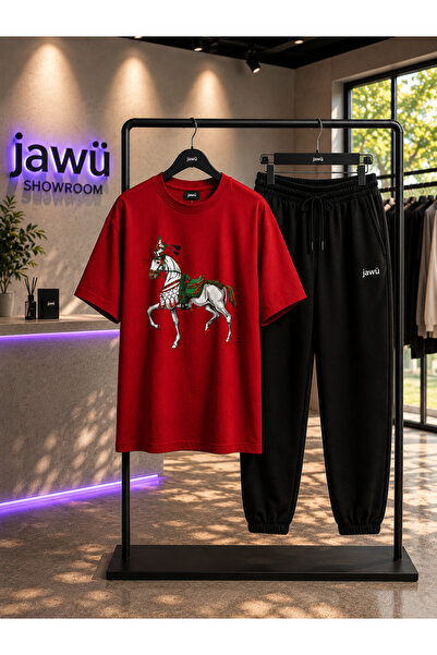 JAWÜ STYLE طقم تي شيرت رياضي كبير الحجم مطبوع عليه حصان ملون