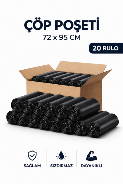 MSE HOLD Çöp Poşeti 72x95 Battal Boy 20 Rulo 200 Adet Dayanıklı Sızdırmaz Çöp...